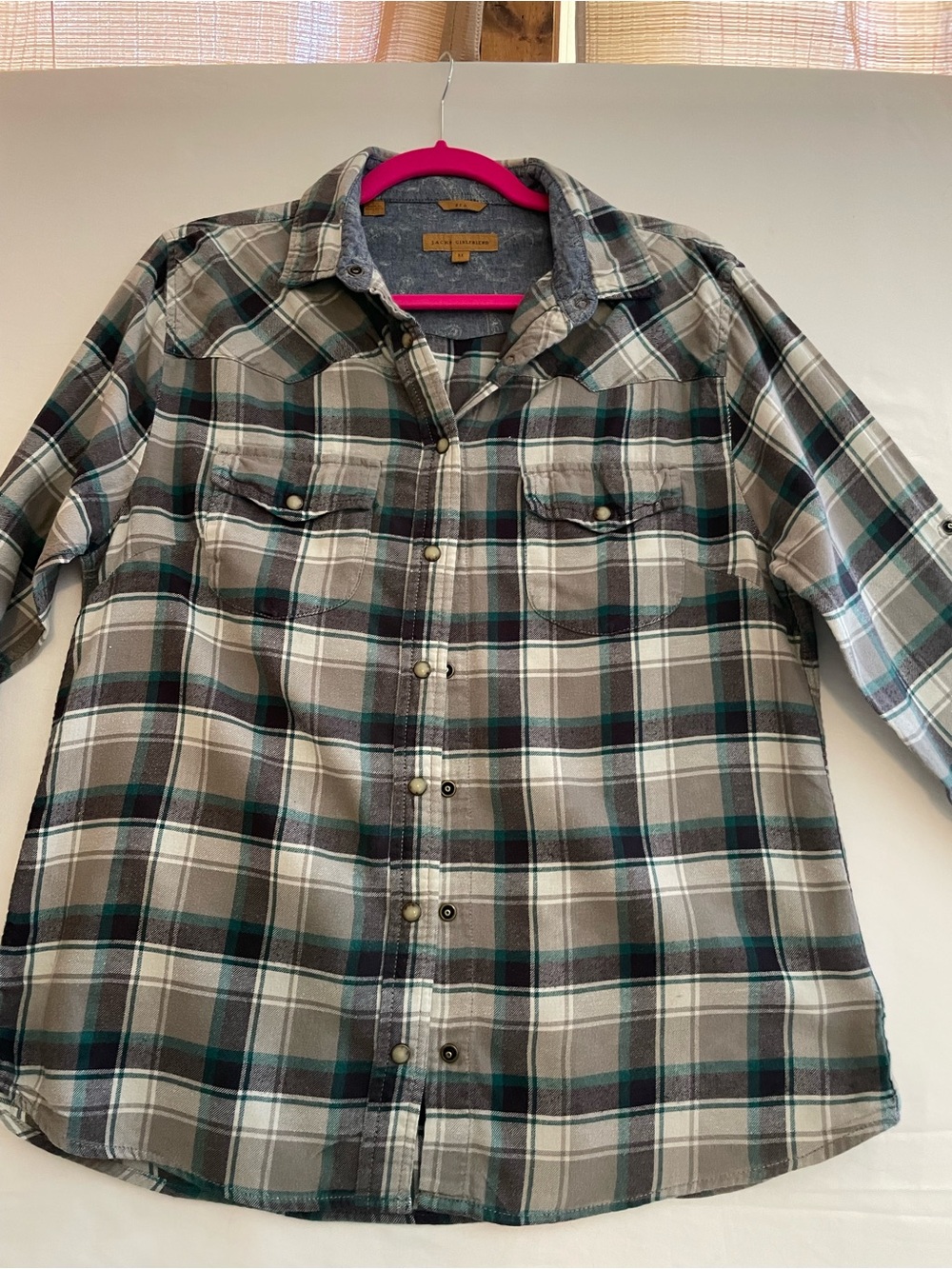 Jacks Girlfriend Gray Plaid Flannel Snap Down Shirt with Teal Accents